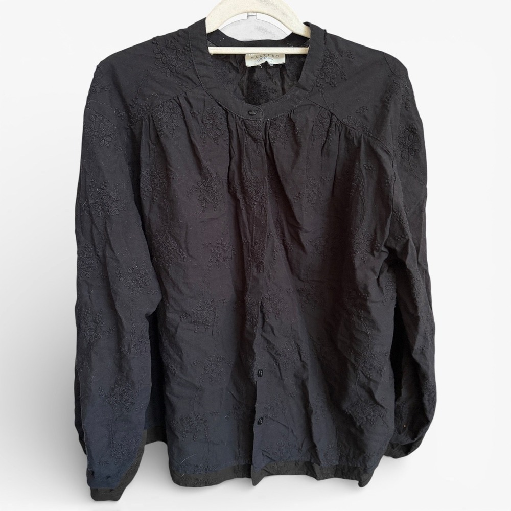 Calypso St. Barth Blouse Black Embroidered Eyelet Cotton Long Sleeve Top L